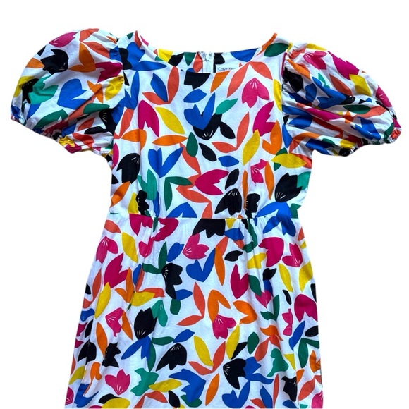 Calvin Klein Colorful Feather Printed Puff-Sleeve Midi Dress Women’s Size 14 - Picture 4 of 11